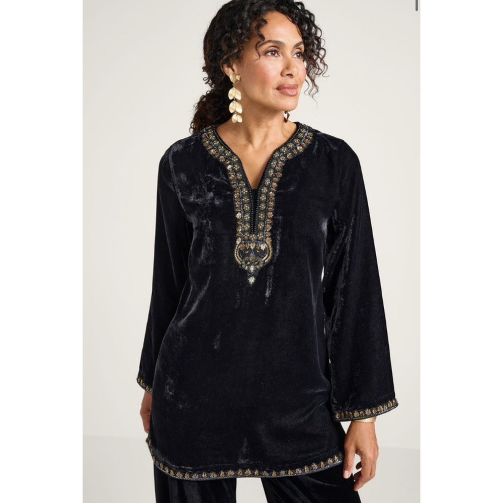 Soft Surroundings Black Velvet Embellished Tunic Gold Sequins Blouse Medium Boho